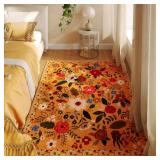 Rugcomf Bedroom Rug 3x5 Rug Washable Area Rug Non Slip Low Pile Boho Floral Small Carpet for Bedroom, Bedside, Kitchen, Entryway, Kids Room, Office, College Dorm Essentials for Girls(Yellow) - Retail: