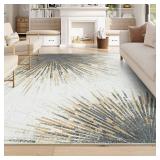 Lahome Modern Washable Area Rugs 8x10 - Ultra-Thin Non-Slip Soft Velvet Abstract Living Room Rug Starburst Floor Rugs, Abstract Print Washable Rug for Dining Room Table Office (Gold/Gray, 8