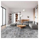 Rugcomf 8x10 Rug Washable Boho Soft Large Area Rug Non-Slip Faux Wool Vintage Rug for Living Room, Farmhouse, Dining Room, Indoor, Kids Playroom (Grey) - Retail: $90