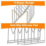 3 Pack Pot Lid Organizer for Cabinet, Stainless Steel Pot Lid Holder with Anti-slip Silicone Mat, Lid Rack for Pans Pots, Bakeware, Plates, Cookie Sheets, Trays, Cutting Boards, Silver - Retail: $18