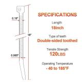 18 Inch Zip Ties Double Sided Toothed,120 LBS Tensile Strength Heavy Duty Cable Wire Ties With Self-Locking Adjustable More Durable Nylon Tie Wraps for Indoor Outdoor Whiteï¼100 Packï¼ - Retai