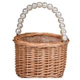 Wicker Rattan Flower Girl Basket, Pearl Handle Flower Basket, Flower Girl Basket for Wedding and Home Decorations. - Retail: $10