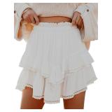 Flowy Shorts for Women Casual Boho Ruffle Tiered Skorts High Waist Mini Skirts Golf Tennis Butterfly Crochet Shorts - A White L - Retail: $30