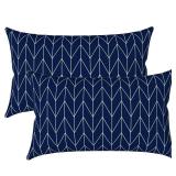 Set of 2 Patio Lumbar Pillows, 12x20 Fade Resistant Outdoor Lumbar Pillow with Inners, Fluffy Decorative Garden Lumbar Cushions for Home Patio Coach Sofa Use, Herringbone Navy