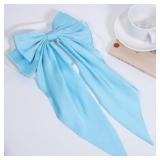Big Long Tail Silky Satin Hair Bows, Oversized Hair Ribbon Bowknot French Barrettes for Women Girls Straight, Kinky, Coily, Curly, Wavy, Thick, Fine Long Hair Decor Accessories Set Sky Blue - Retail: 