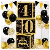 40th Birthday Decorations Boxes for Men- 3PCS Black Gold Happy 40th Birthday Balloons Boxes, 40 Year Old Party Supplies for Men Women - Retail: $12