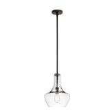 KICHLER Everly 15.25 in. 1-Light Olde Bronze Transitional Shaded Kitchen Bell Pendant Hanging Light with Clear Glass