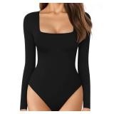 Long Sleeve Square Neck Bodysuit Tops Black Small Retail $21.89
