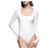 PUMIEY Body Suit for Women Sexy Long Sleeve Bodysuit Shirts Square Neck Going Out Tops, Splashed White Large Retail $28.99