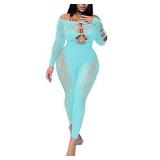 MOEENCN Sexy Off Shoulder Jumpsuit for Women Sheer Mesh Bodycon Long Sleeve Rompers Hollow Out Party Club Streetwear Light Blue Retail $39.56