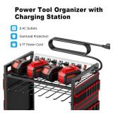 JUNNUJ Large Power Tool Organizer Cart with Charging Station, Garage Floor Standing Rolling Drill and Tools Battery Storage Cart on Wheels, Heavy Duty Utility Rack Shelf with 8 Outlet Power Strip, Red