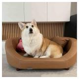Pet Sofa, faux Leather Surface dark brown white contrast stitching, Solid Wood Frame Dog Bed/cat Bed, (Brown,~24w x 16d x 7h in front/12 in back) with feet - Retail: $90