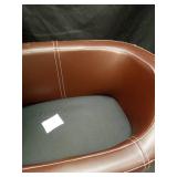 Pet Sofa, faux Leather Surface dark brown white contrast stitching, Solid Wood Frame Dog Bed/cat Bed, (Brown,~24w x 16d x 7h in front/12 in back) with feet - Retail: $90