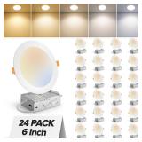 MAILCOS 24 Pack 6 Inch 5CCT Ultra-Thin LED Recessed Ceiling Light with Junction Box, 2700K-5000K Selectable, 1050LM High Brightness, Dimmable Canless Wafer Downlight, 12W 120V, ETL - Retail: $104