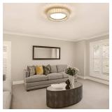 Gisisee 15 Inch Gold Modern Crystal Flush Mount Chandelier,Large Dimmable LED 5CCT 3000K-6000K 36W Round Close to Ceiling Lighting Fixtures for Dining Room,Kitchen,Living Room,Bedroom - Retail: $120