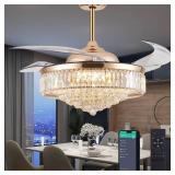 DuMaiWay 52\" Dimmable Chandelier Ceiling Fan with Lights,Retractable Crystal Fandelier Ceiling Fan with APP Control for Bedroom Living Room Polished Gold 6 Speed - Retail: $330