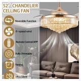 DuMaiWay 52\" Dimmable Chandelier Ceiling Fan with Lights,Retractable Crystal Fandelier Ceiling Fan with APP Control for Bedroom Living Room Polished Gold 6 Speed - Retail: $330