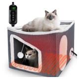 Tovve Heated Cat House for Indoor, Large Cat Bed with Heating Pad, Adjustable Temperature & Timing, with Fluffy Ball Hanging and Scratch Pad, Foldable Pet Hideaway for Small Medium and Large Catsï¼�