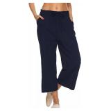 LNX Womens Linen Pants High Waisted Wide Leg Drawstring Casual Loose Trousers with Pockets (Small, Navy) Retail $31.59