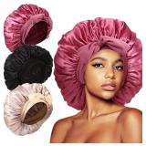 3Pcs Bonnets for Sleeping, Extra Satin Silk Bonnet for Sleeping Women with Tie Band for Curly Hair Jumbo Bonnet Braids - Retail: $10