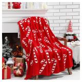 Buryeah Christmas Candy Cane Knit Throw Blanket, 50 x 60 Inch Peppermint Red and White Xmas Reversible Knitted Throw Blanket, Cozy Lightweight Soft Gift for Couch Sofa Bed - Retail: $26