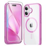 FNTCASE for iPhone 16 Case Clear: Magnetic Phone Cases with Screen Protector Drop Proof Compatible with Magsafe Slim Anti Yellowing Rugged Shockproof Protective Transparent Cell Cover (B-Pink) - Retai