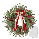 ARTINCRAFIO Front-Door Christmas Wreaths with Bow: 24 Inch Red Berry Pine Wreath Comes with Storage Bag - Durable Outdoor Winter Wreath Creating Warm Xmas Vibes - Easy Storage & Gifts Ready Instantly 
