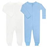 GUISBY Footed Long Sleeve Baby Pajamas with Zipper Cotton Infant Sleepers Light Blue+White 3-6 Months - Retail: $18