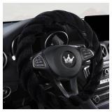 HighnessHwoo Luxury Fluffy Winter Car Steering Wheel Cover for Women Soft Warm Plush Cute Auto Accessories for Vehicle, Sedan, Universal, Fuzzy, Anti Slip, Black, Standard Size, 14.75-15.15\" - Retail