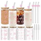 Yetene 4 Set 16 oz Coquette Bows Glass Cups with Lids and Bows Straws Cleaning Brushes Aesthetic Iced Coffee Cup Reusable Mug for Women Sister Birthday Gift Not Dishwasher Safe(Pink,Bow) - Retail: $30
