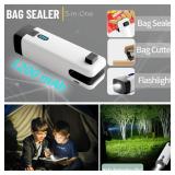 HSLGOVE 3-IN-1 Mini Bag Sealer, Rechargeable Bag Sealer Heat Seal with Cutter, Flash-light and Magnet Mini Bag Resealer Machine for Plastic Bags Snack Bags-Beigewhite - Retail: $13