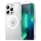 Temdan for iPhone 13 Pro Max Case Clear with Screen Protector, Compatible with Magsafe, Anti-Yellowing, Military-Grade Protection, Shockproof Slim Magnetic Phone Case Cover, Transparen - Retail: $6