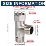 NearMoon Solid Brass G1/2\" 3 Way Diverter Valve - Hose Fitting Tee, T Shape Adapter Connector for Angle Valve Hose, Bath Shower Arm, and Toilet Bidet Sprayer Faucet (Brushed Nickel) - Retail: $9
