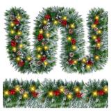 Christmas Garland with Lights - 9FT Pre-Lit Flocked Garland with 30 LED Bulbs, Red Berries, Pine Cones, Artificial Pine Battery Operated Garland for Fireplace, Staircase, Indoor & Outdoor Decoration -