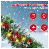 Christmas Garland with Lights - 9FT Pre-Lit Flocked Garland with 30 LED Bulbs, Red Berries, Pine Cones, Artificial Pine Battery Operated Garland for Fireplace, Staircase, Indoor & Outdoor Decoration -