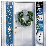 Deroro Welcome Winter Snowman Porch Banner Sign, Blue Farmhouse Door Decorative Hanging Welcome Banner Flag, Christmas Seasonal Bird Snowflake Rustic Decoration Home Outdoor Decor - Retail: $10