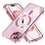 Misea Magnetic for iPhone 15 Case Compatible with MagSafe [Never Yellowing] [Military Grade Drop Protection] Full Camera Lens Protector Plating Soft Clear Phone Case for Women, Pink - Retail: $10