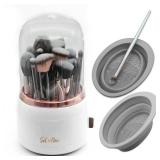 Selanoir Rotating Makeup Brush Holder with Lid â Dustproof Vanity Organizer for Makeup Brushes, Bonus Foldable Makeup Brush Cleaner Bowl Included, Elegant White Storage Solution - Retail: $20