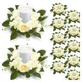 Jutom 12 Pcs Wedding Rose Candle Rings Artificial Floral Wreaths with Green Leaves Flower Candle Rings Candleholders Garland for Pillar Centerpiece Party Table Decor, 3.94