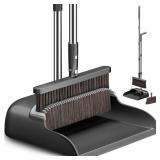 CTIME Broom and Dustpan Set, Extra Brush Head & 51.6\" Adjustable Long Handle Standing Dustpan Set, with Dust Pan Teeth to Clean Pet Hair, Easy Sweeping Suitable for Home Kitchen Office Lobby - Retail