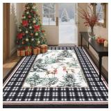 GarveeHome Christmas Washable Rug for Living Room, 6x9 Holiday Decor Area Rug for Bedroom Soft Low Pile Christmas Tree and Deer Rug Non Slip Throw Large Carpet for Dining Room Nursery, Black