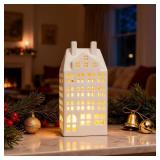 DN DECONATION Light Up Christmas Decor Village Sets, White Ceramic House with Lights, Modern Christmas Town Building Decorations, Winter Porcelain Village Xmas Decor for Tabletop Centerpiece Inside - 