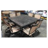 Hanover Fontana 9-Piece Bronze Patio Dining Set Aluminum Square Table with 8 Tan Swivel Rocker Chairs - Retail: $2,999