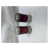 Ruby Red Glass Salt and Pepper Shakers Engraved 1906 Ruby Red Glass Salt and Pepper Shakers Engraved 1906