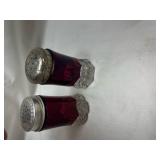 Ruby Red Glass Salt and Pepper Shakers Engraved 1906 Ruby Red Glass Salt and Pepper Shakers Engraved 1906