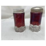 Ruby Red Glass Salt and Pepper Shakers Engraved 1906 Ruby Red Glass Salt and Pepper Shakers Engraved 1906