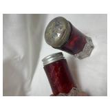 Ruby Red Glass Salt and Pepper Shakers Engraved 1906 Ruby Red Glass Salt and Pepper Shakers Engraved 1906