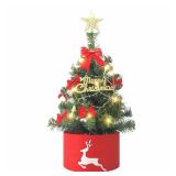 2FT Mini Christmas Tree with Lights, Pre-Lit Artificial Christmas Tree with Tree Skirt & Star Topper, Green Tabletop Xmas Tree for Home, Office, Bedroom, Party Decor (Battery Not Included)