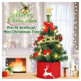 2FT Mini Christmas Tree with Lights, Pre-Lit Artificial Christmas Tree with Tree Skirt & Star Topper, Green Tabletop Xmas Tree for Home, Office, Bedroom, Party Decor (Battery Not Included)