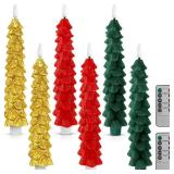Funtery 6 Pcs LED Christmas Tree Flameless Taper Candles Real Wax Battery Operated Candlestick Lights with 3D Flame and Remote Timer Window Fireplace(Red Green Gold,Christmas Tree)